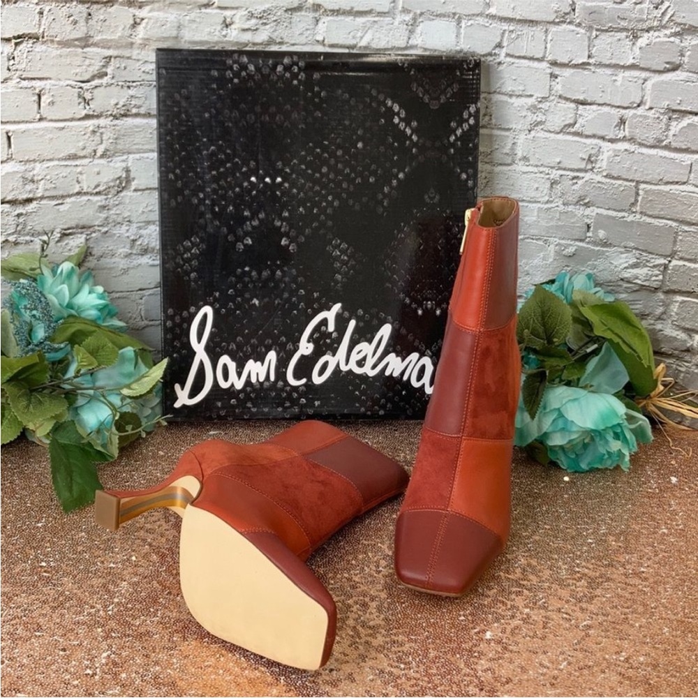 NEW- SAM EDELMAN SZ: 7.5 PATCHWORK RED/ORANGE 
ALTERNATING LEATHER TEXTURES